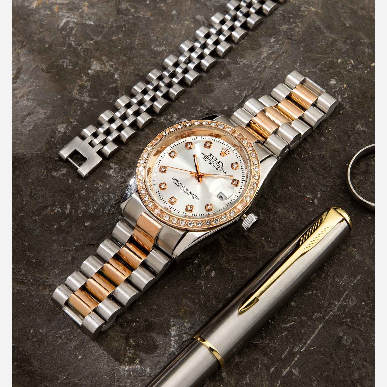 ساعت مچی مردانه وزنانه رولکس اصلی قفل رولکسی قاب نگین دار رنگ ثابت ضداب کیفیت بینظیرROLEX