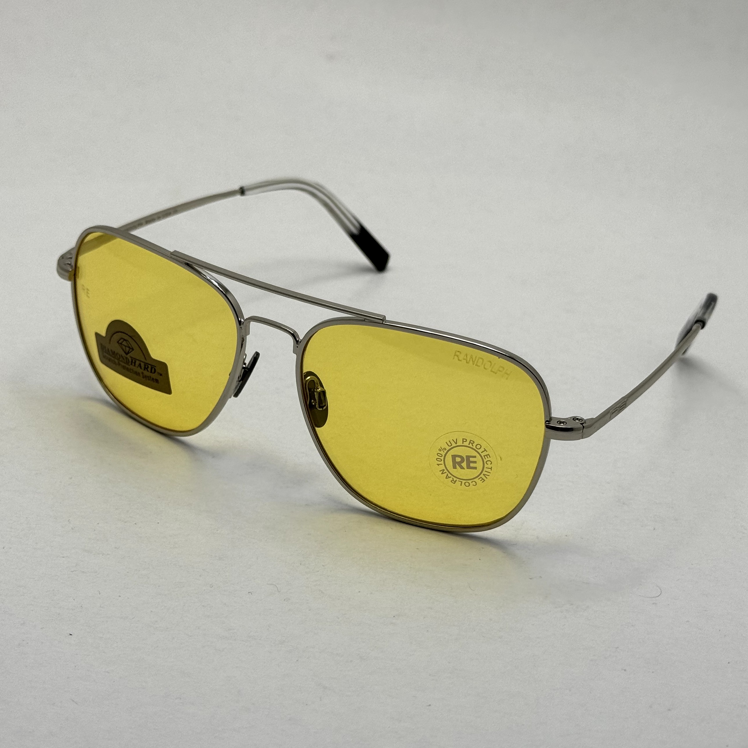 عینک آفتابی و شب خلبانی رندولف شیشه سنگ زرد فریم نقره ای فول پک اصلی RANDOLPH AVIATOR RE 58 24K WHITE GOLD