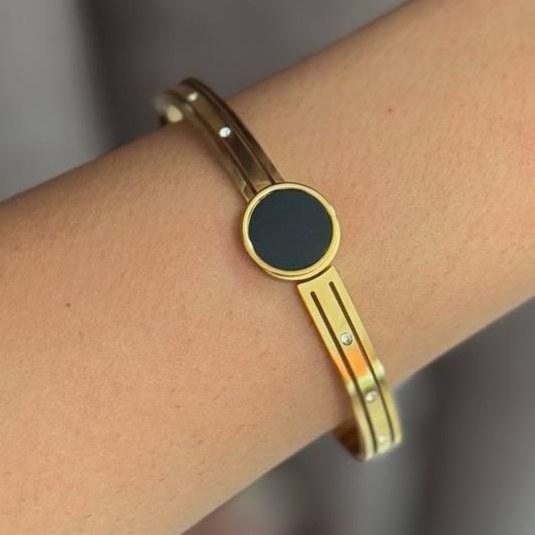 دستبند النگویی و بنگل استیل زنانه طرح دایره ای نگین تنوع طرح رنگ ثابت کد sm