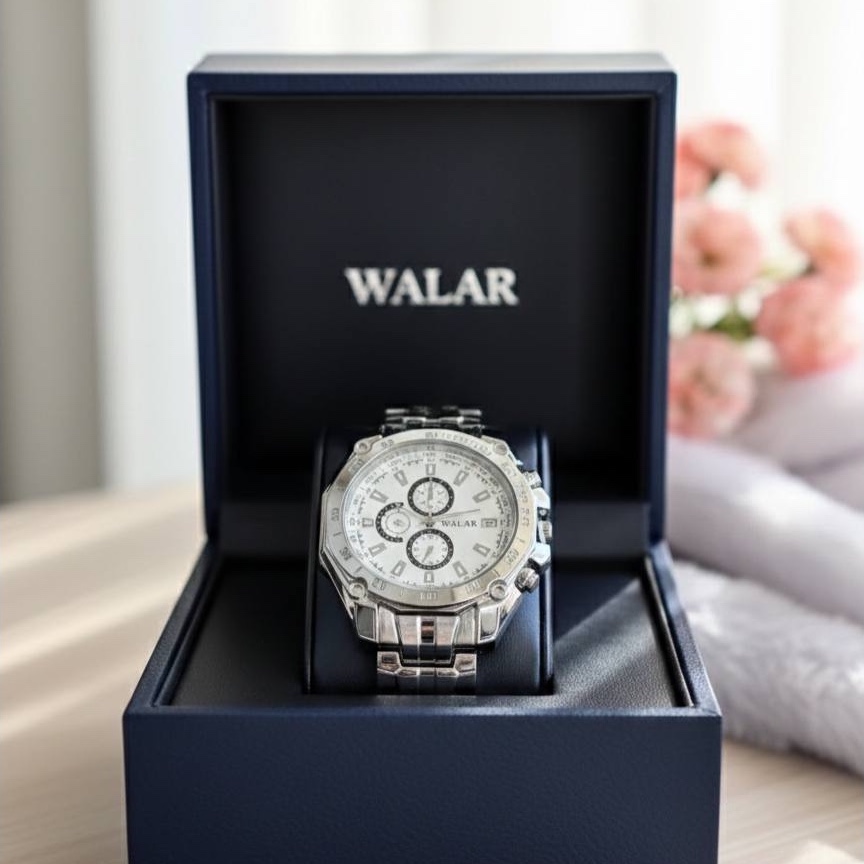ساعت مردانه مارک والار Walar نقره ای صفحه سفید ارسال رایگان