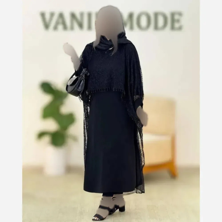 ست دوتکه زنانه الیزه جنس کرپ بوگاتی و گیپور رنگ مشکی فری سایز 38 تا 46