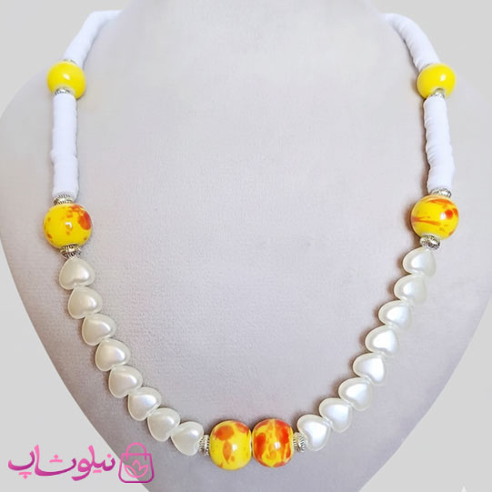 نیم ست دستساز برند N&SH مدل مروارید قلبی و فیمو و گوی چینی زرد کد 350