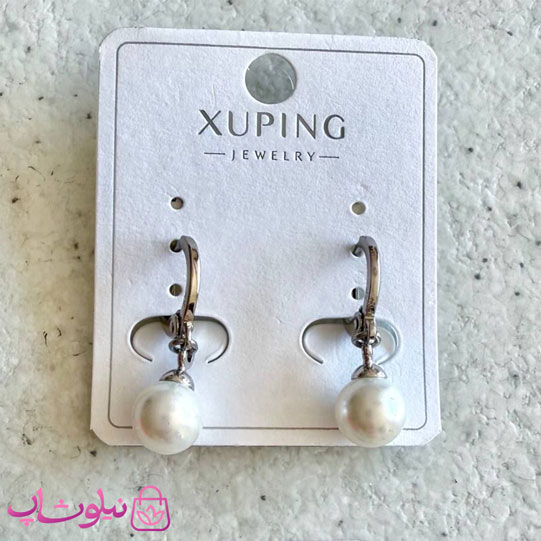 گوشواره زنانه ژوپینگ نقره ای رنگ با آویز مروارید سفید قطر 6 میل کد 2991