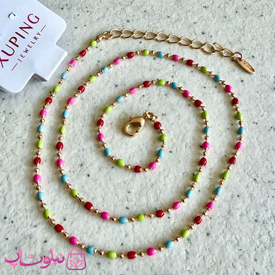 زنجیر زنانه ژوپینگ طلایی مدل مهره ای رنگارنگ ظریف کد 4691