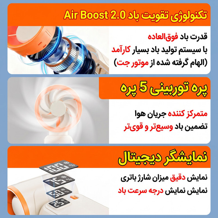 پنکه شارژی مدل Mini Turbo کد JY-03 ظرفیت 3000 میلی آمپر ساعت