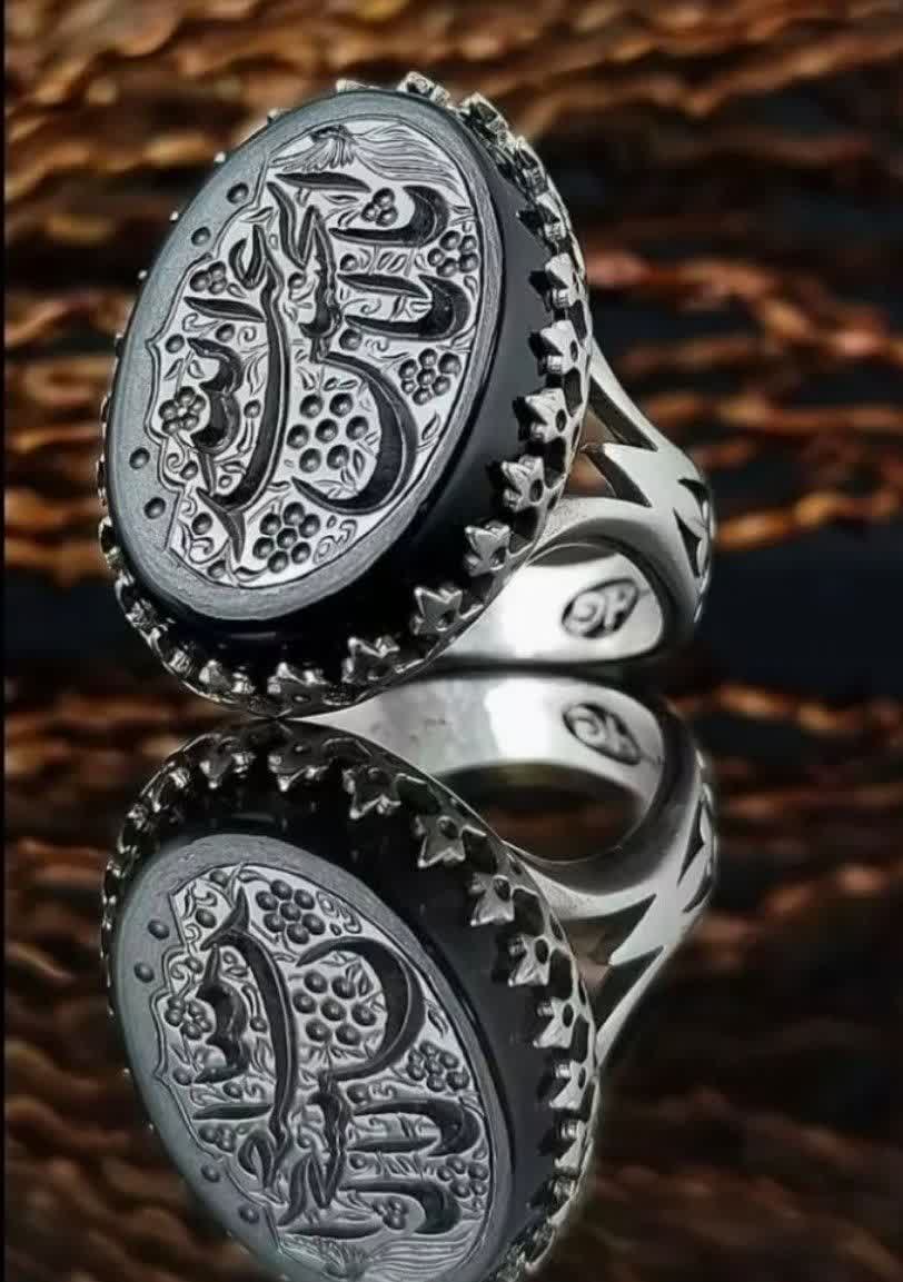 انگشتر عقیق مشکی با حکاکی یا اباعبدالله الحسین رکاب الیاژی کد 8108