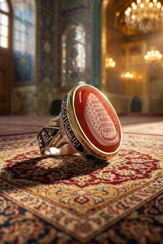 خرید انگشتر عقیق قرمز مردانه با حکاکی چهار قل و رکاب سوره کوثر | ترکیب شگفتانگیز انرژی، زیبایی، معنویت و اقتدار کد 418