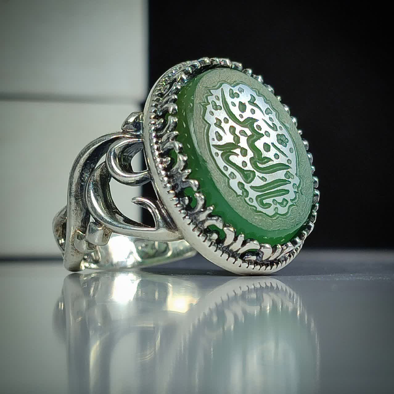 انگشتر عقیق سبز حکاکی ام البنین رکاب آلیاژی باکیفیت کد 3729