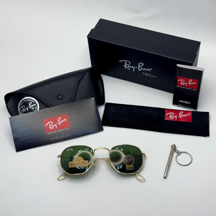 عینک ریبن هگزونال شیشه سنگ سیز فریم طلایی به همراه پک کامل ریبن کد Rayban RB 3548 (ارسال رایگان)