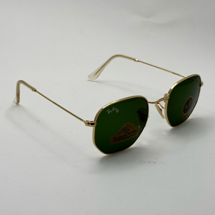 عینک ریبن هگزونال شیشه سنگ سیز فریم طلایی به همراه پک کامل ریبن کد Rayban RB 3548 (ارسال رایگان)