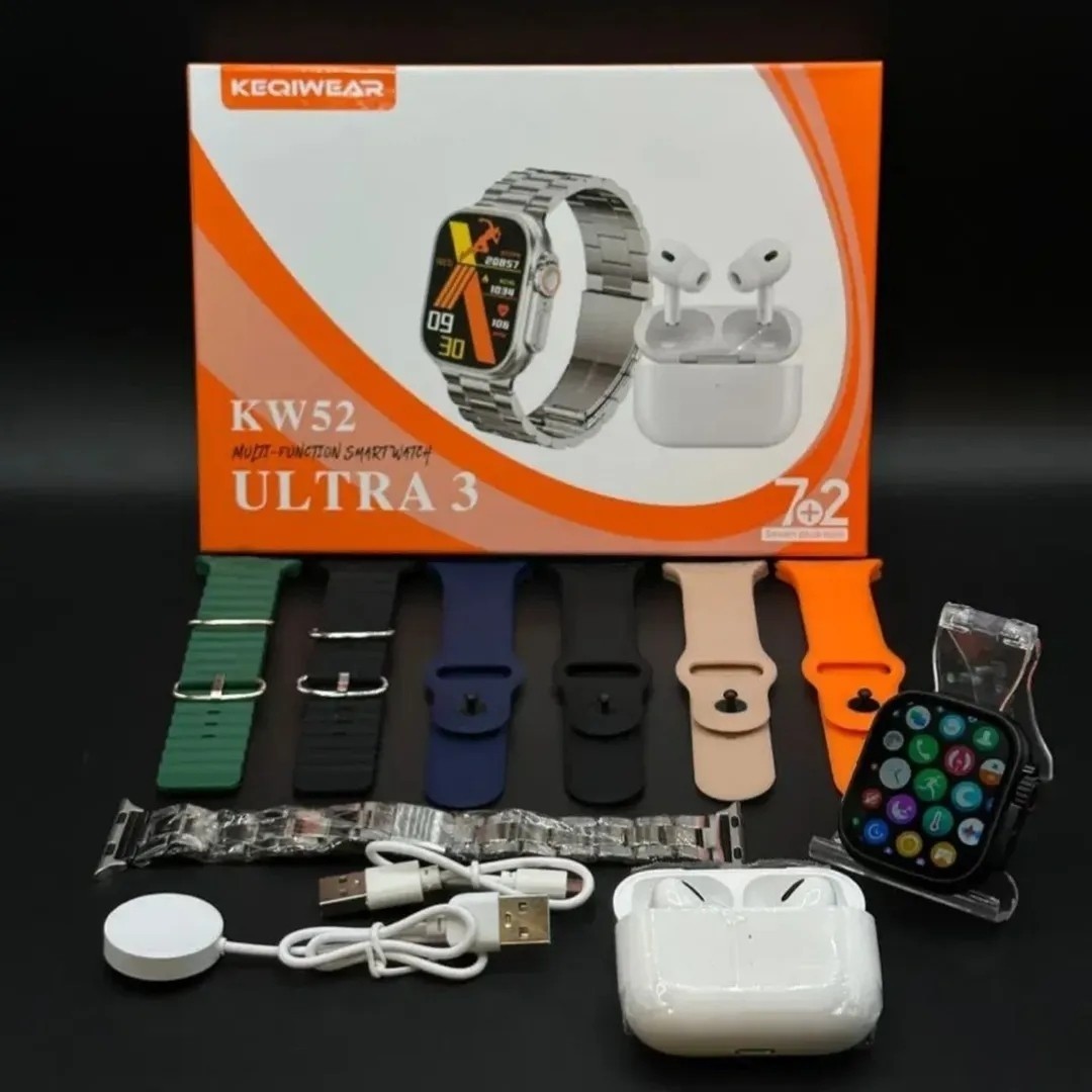 ساعت هوشمند KW52 ULTRA 3 هفت بند همراه با ایرپاد بند فلزی ورژن 2026 تمام صحفه اورجینال (کامل ترین پک ساعت پرفرووش