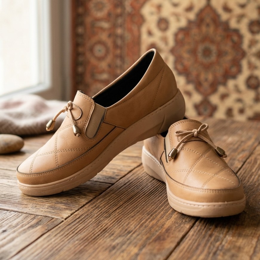 کفش طبی زنانه دست دوز مدل پافر رنگ کرم(همراه با کفی طبی) پرفرووش