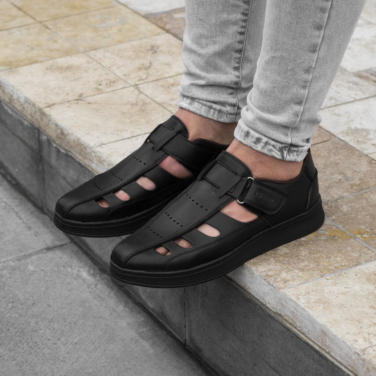 کفش مردانه تابستانی چسبی مدل سامر رنگ مشکی زیره مشکی پرفرووش